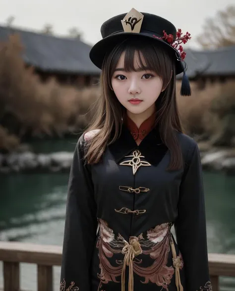 1girl, masterpiece, young, photo of a Hu Tao, simple background , 18 years, hat,  black jacket, long wide sleeves, looking at viewer, cute face, night landscape, sexy, cute, solo, best quality, (professional color correction), ultra high res, ultra detailed, realistic , outdoors, upper body, <lora:HuTaoRealistic_e2_46_768_v2:0.66>