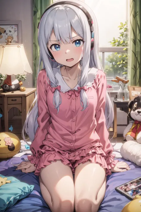 ((masterpiece, sidelighting, finely detailed beautiful eyes: 1.2)), ultra-detailed, ultra high res, professional lighting, high quality makeup, beautiful detailed eyes, sexy, beautiful, big eyes, 1girl, <lora:sagiriIzumiFrom_v10:0.3>,izumi sagiri, izumi sagiri room, blue eyes, looking at viewer, long hair, headset, pink sleep pajamas, small breasts, angry, blush, wariza, holding tablet