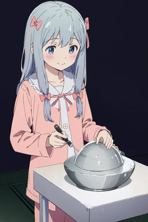 best quality, (masterpiece:1.2), pajamas, demon core, anime style, small breasts, (indoorbackground:1.3), laboratory full of chemicals, izumi sagiri, blush, blue eyes, japan, hair bow, smile, happy