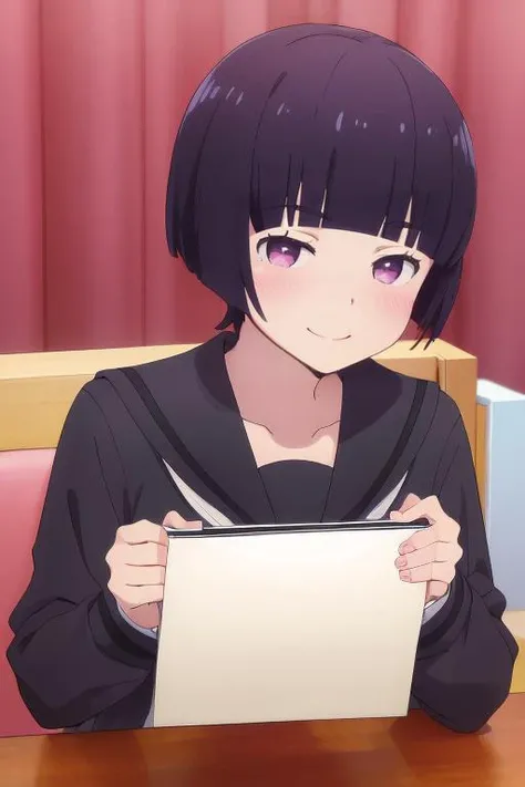 school uniform,black clothes,light smile, blush,looking at viewer,masterpiece,very_high_resolution,high quality,absurdres, best quality, <lora:Eromanga_senju muramasa:0.8>