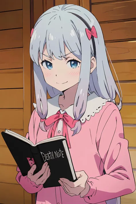 pink pajamas, izumi sagiri, blue eyes, hair bow, smug, evil smile, black book, holding book, holding death note,