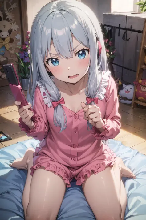 ((masterpiece, best quality)), high resolution,ultra detailed,8k,16k,detailed background, perfect lighting, detailed beautiful eyes,(1girl,solo),look at viewer,steam,sweat,in heat,embarrassed,blush,(close up pussy),(pov:1.4),(show off pussy:1.2),(from front:1.3),confused,open mouth,waby mouth,tear,(sitting toilet,yellow peeing:1.2),bathroom,small breast,slender,fair skin,small breast,sagiri_izumi,pink hair_ribbon,cute_room