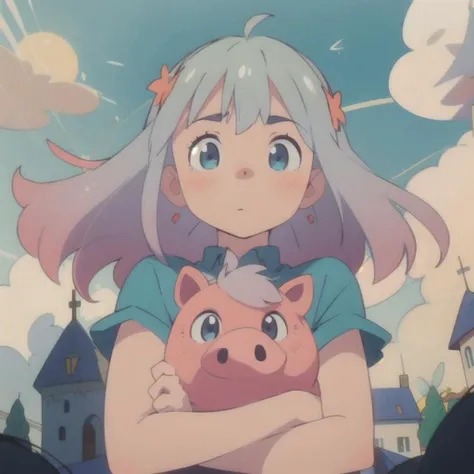 masterpiece, best quality, (izumi sagiri:1.1), (piggy:1.3), hug, (colorful), volumatic light, bust shot, extremely detailed CG unity 8k wallpaper,intricate, castle, sky, cloudy_sky, fantasy, windy, sun light, <lora:Eromanga_izumi sagiri:1>