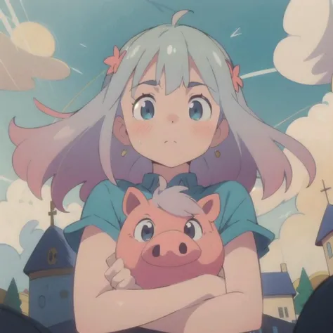 masterpiece, best quality, (izumi sagiri:1.1), (piggy:1.3), hug, (colorful), volumatic light, bust shot, extremely detailed CG unity 8k wallpaper,intricate, castle, sky, cloudy_sky, fantasy, windy, sun light, <lora:Eromanga_izumi sagiri:1>