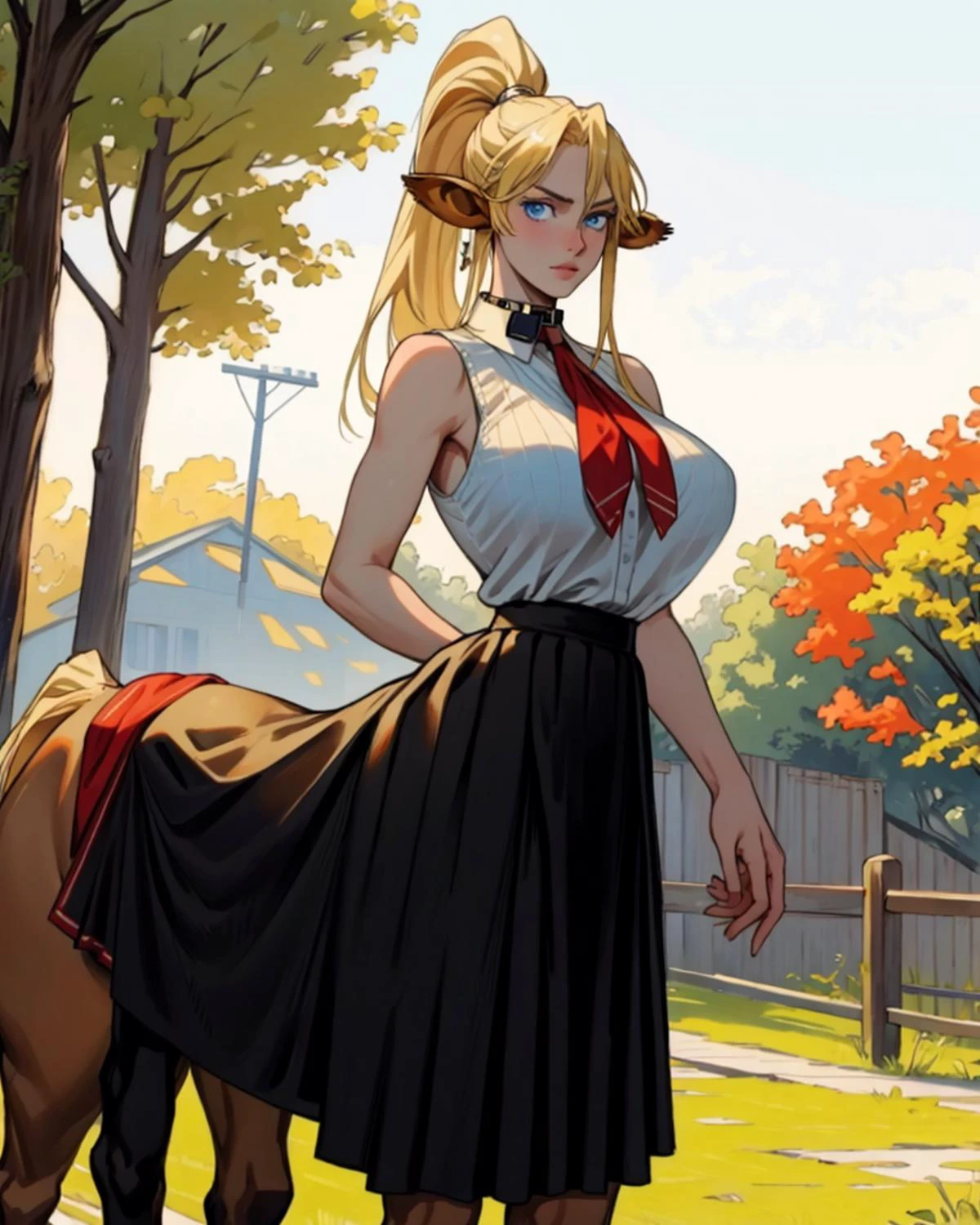 (best quality, master piece), 1girl, <lora:centaur:0.8>, centaur, taur, centorea shianus, animal ears, blonde hair, blue eyes, horse ears, horse tail, long hair, monster girl, ponytail, tail,
sleeveless, shirt, white shirt, neckerchief, red neckerchief, collar, skirt, black skirt,
, outdoor, <lora:GoodHands-vanilla:0.8> ,<lora:victorian_dress-1.0:0.8> victorian dress , huge breasts,
realistic fur, detailed background, campus background, realistic, photorealistic, ultra realistic, 8k, <lora:centoreashianus-lyco-nochekaiser:1>