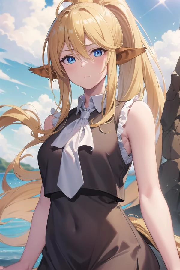 centoreashianus, <lyco:centoreashianus-lyco-nochekaiser:1>,
centorea shianus, animal ears, blonde hair, blue eyes, centaur, horse ears, horse tail, long hair, monster girl, ponytail, tail,
BREAK sleeveless, shirt, white shirt, neckerchief, red neckerchief, collar, skirt, black skirt,
BREAK looking at viewer,
BREAK outdoors,
BREAK <lyco:GoodHands-beta2:1>, (masterpiece:1.2), best quality, high resolution, unity 8k wallpaper, (illustration:0.8), (beautiful detailed eyes:1.6), extremely detailed face, perfect lighting, extremely detailed CG, (perfect hands, perfect anatomy),