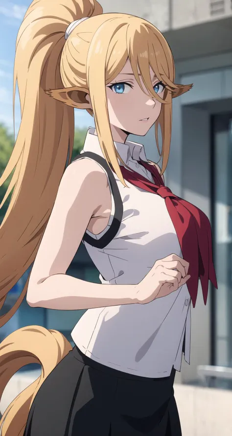 centoreashianus, centorea shianus, animal ears, blonde hair, blue eyes, centaur, horse ears, horse tail, long hair, monster girl, ponytail, tail, BREAK sleeveless, shirt, white shirt, neckerchief, red neckerchief, collar, skirt, black skirt, BREAK looking at viewer, BREAK outdoors, BREAK <lyco:GoodHands-beta2:1>, (masterpiece:1.2), best quality, high resolution, unity 8k wallpaper, (illustration:0.8), (beautiful detailed eyes:1.6), extremely detailed face, perfect lighting, extremely detailed CG, (perfect hands, perfect anatomy),
 <lora:centoreashianus-lyco-nochekaiser:1>