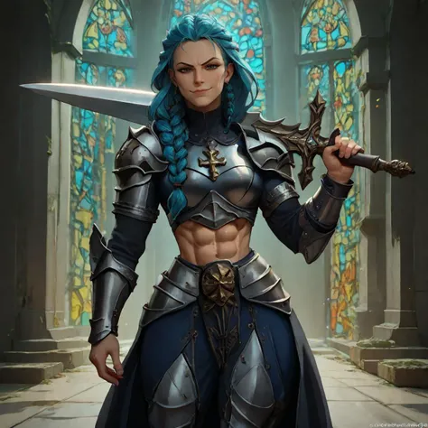 score_9, score_8_up, score_7_up, score_6_up, good_hands, 1girl, knight armor, long braided azure hair, holding sword-over-shoulder, weapon over shoulder, microwaist, muscular, (abs:0.9), church, looking at looking at viewer, smirk
<lora:sword_over_shoulder:1.0>
<lora:pony_good_hands:1.0>
<lora:Knight_Armor_for_Pony_V2:0.85>
<lora:microwaist_pony-adam-cosine-16x8-4x1-cs1:0.1>
<lora:RELSM_v1:0.2>
<lora:Pony_DetailV2.0:0.55>
<lora:Age Slider V2_alpha1.0_rank4_noxattn_last:1>