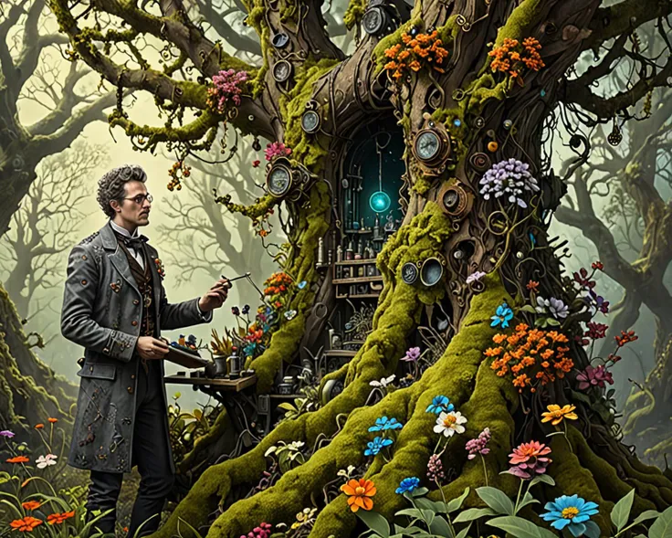 Surrealist art male botanist, laboratory in lichen encrusted tree , high resolution, realistic, plants, flowers, steampunk, <lora:Age Slider V2_alpha1.0_rank4_noxattn_last:3>, <lora:SDXL_rainbow_highlights_Sa_May:0.3> rainbow highlights . Dreamlike, mysterious, provocative, symbolic, intricate, detailed