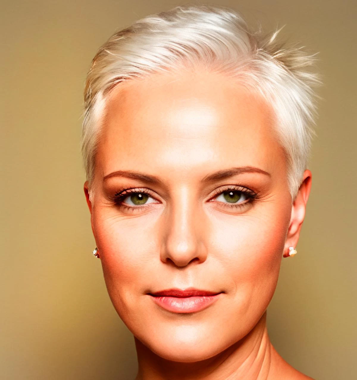 glamorous photo face of a slim woman with small breasts, age:45, (45 years of age), light tan, beautiful, perfect eyes, plump lips, short spiky white hair, DETAILED, DETAILED STYLE, PERFECT, PERFECTION STYLE, PERFECTION, neutral expression, wrinkles around eyes, lines on forehead, wrinkles around mouth, sharply defined cheekbones, wrinkled neck, no makeup, no earrings, perfect green eyes . high fashion, luxurious, extravagant, stylish, sensual, opulent, elegance, stunning beauty, professional, high contrast, detailed