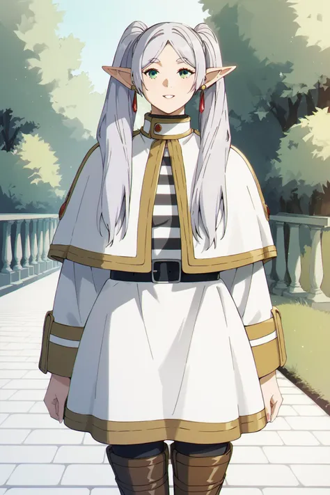 <lora:Ð¡Ð»Ð°Ð¹Ð´ÐµÑ Ð²Ð¾Ð·ÑаÑÑа ÑеалиÑÑиÑнÑй:-3.5>,<lora:SousouNoFrieren_FrierenXL:0.9> FrierenSSnF,grey hair, long hair, green eyes, twintails, parted bangs, earrings, pointy ears, huge breasts,FrierenCasual, striped shirt, white capelet, black belt, white skirt, long sleeves, black pantyhose,brown boots, Score_9, Score_8_up, Score_7_up, Score_6_up, Score_5_up, Score_4_up, BREAK,1girl in full growth, best quality, masterpiece, ultra-detailed, high quality,good quality,1 girl,(master piece,high resolution, ultra detailed,8K,16K),look at viewer
