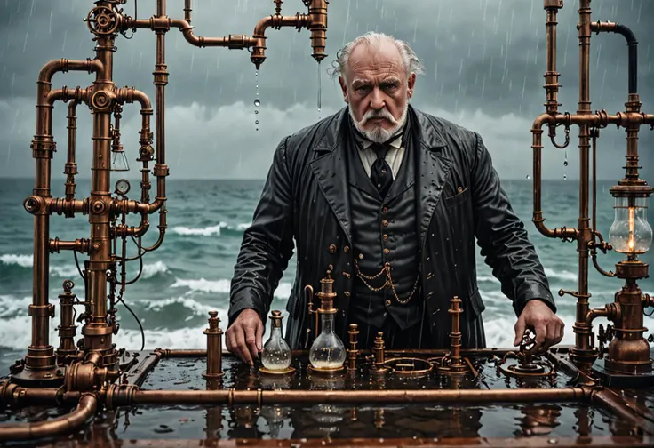 cinematic photo dripping wet old steampunk man and dripping wet laboratory equipment, large ocean waves, ripples, rain, steampunk, copper pipe equipment, <lora:Age Slider V2_alpha1.0_rank4_noxattn_last:3>, <lora:Haunting_Steampunk_XL_V1:0.7> haunting steampunk, haunting, steampunk . 35mm photograph, film, bokeh, professional, 4k, highly detailed