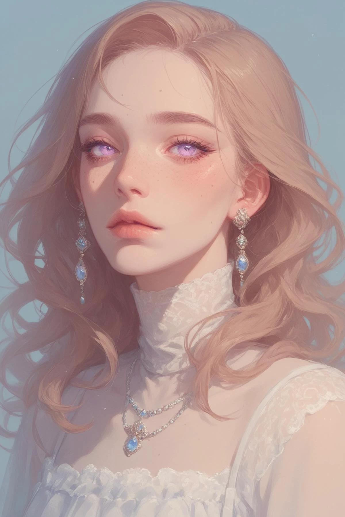score_9, score_8_up, score_7_up, score_6_up, score_5_up, score_4_up, 1girl, portrait, soft features, long hair, large eyes, lavender eyes, freckles, pursed lips, auburn hair, high collar, long sleeves, looking at viewer, blu3s, <lora:Sinozick_Style_XL_Pony:.65> sinozick style, <lora:blu3sXLP:.5> <lora:MARELycoXL:.4> Expressiveh, <lora:Expressive_H:.6> <lora:Age Slider_alpha1.0_rank4_noxattn_last:-2>