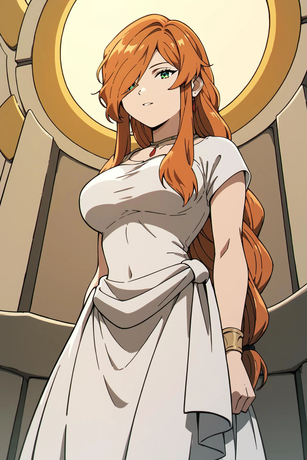 <lora:Ð¡Ð»Ð°Ð¹Ð´ÐµÑ Ð²Ð¾Ð·ÑаÑÑа ÑеалиÑÑиÑнÑй:4>, <lora:SousouNoFrieren_FlammeXL:0.8> FlammeSSnF,orange hair,long hair, green eyes,hair over one eye,large breasts,white dress,necklace,ancient greek clothes,short sleeves,long dress, Score_9, Score_8_up, Score_7_up, Score_6_up, Score_5_up, Score_4_up, BREAK,1girl in full growth, best quality, masterpiece, ultra-detailed, high quality,good quality,1 girl,(master piece,high resolution, ultra detailed,8K,16K),look at viewer