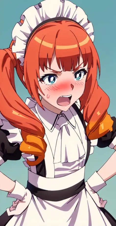 Wise, 1girl, solo, portrait, upper body, close up, looking at viewer, blush, angry face, yelling, leaning forward, hands on hips, maid outfit, maid dress, maid, maid headdress, maid apron, perfect quality, good quality, masterpiece, HDR, UHD <lora:Wise:0.8>