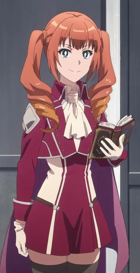 Wise, 1girl, solo, portrait, upper body, looking at viewer, smile, cape, uniform, gloves, dark thighhighs, ascot, epaulettes, holding book, perfect quality, good quality, masterpiece, HDR, UHD <lora:Wise:0.8>
