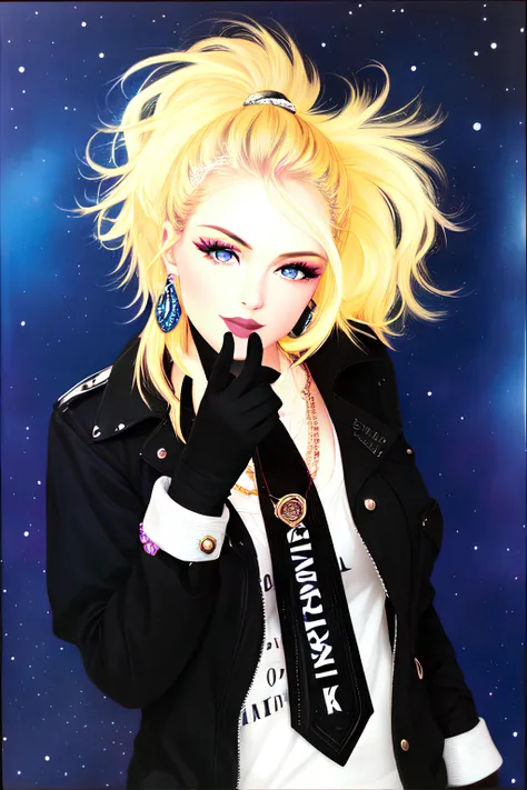 1girl, solo, jewelry, hat, realistic, piercing, earrings, black hair, necklace, baseball cap, blue eyes, ear piercing, ponytail, tattoo, makeup, traditional media, lips