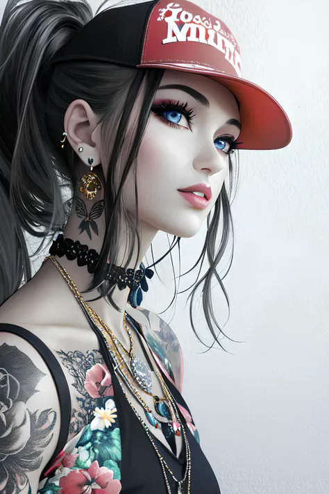 1girl, solo, jewelry, hat, realistic, piercing, earrings, black hair, necklace, baseball cap, blue eyes, ear piercing, ponytail, tattoo, makeup, traditional media, lips