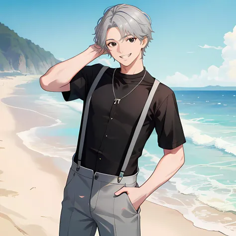 best quality, masterpiece, best quality, masterpiece, <lora:wanostyle_2_offset:0.2>, beach background, 
2.5D, short hair, 
((1boy)), ((((black shirt)))), (white:1.5 suspenders suspenders), ((gray pants)), cowboy position, (black eyes), part your hair in the middle, grey hair, silver necklace, 
1, query, confuse, ((hand  on  forehead)), grin,