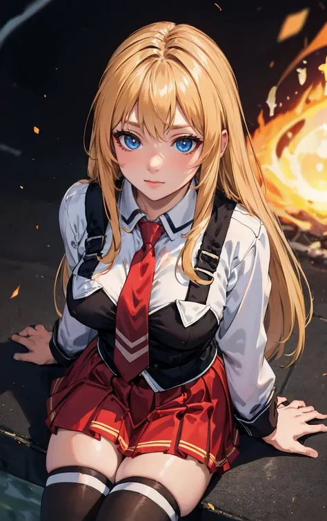 ((masterpiece, best quality)), insaneres, absurdres, solo, outdoors,
CLOTHING_BibleBlack_SchoolDress_ownwaifu,
1girl, blonde hair, long hair, blue eyes,
black vest, red skirt, white shirt, collared shirt, suspenders, school uniform, black thighhighs, zettai ryouiki, necktie, long sleeves, pleated skirt, red necktie,
(from above, sitting)<lora:CLOTHING_BibleBlack_SchoolDress_ownwaifu:0.9>,
lens flare, depth of field, bokeh, embers, vanishing point, looking at viewer,