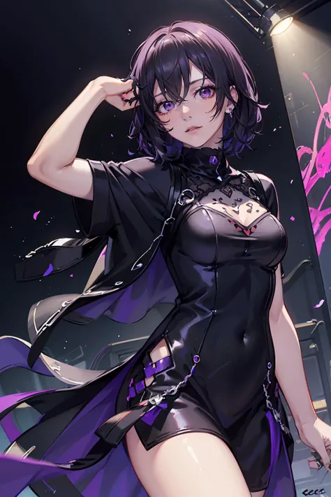 highres, masterpiece, perfect lighting, bloom, cinematic lighting, adult, female, looking at viewer, cowboy shot, (RSEEmma:1.5)<lora:RSERomantic_RSESofiko_RSEEmma-v1:0.3>, goth girl, goth makeup, pale skin, bangs, short hair, jet black hair, purple eyes, scowl, <lora:Zinnia:0.8> <lora:weight_slider_v2:-0.5>