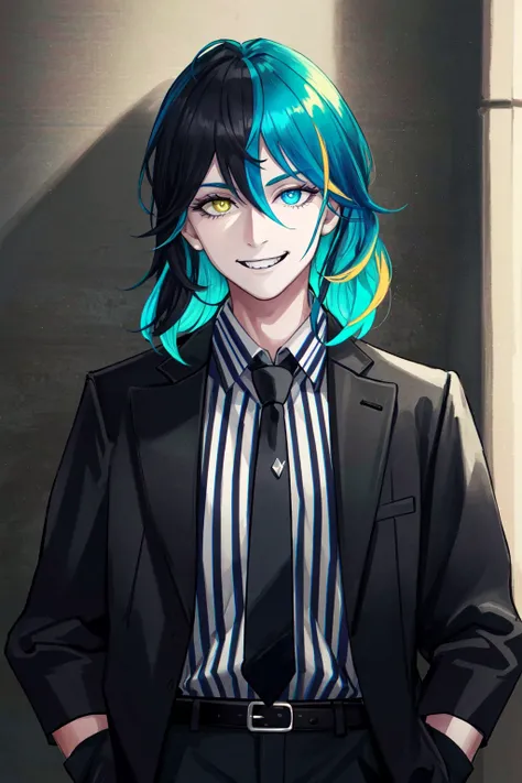 Beetlejuice, 1girl, solo, dirty face, (demonic, semi realistic, demonic, shiny skin, textured skin),holographic eyes, heterochromia, purple eyes, striped jacket,striped shirt, two tone hair, streaked hair, multicolored hair,  red hair, green hair, wild hair, evil scene, prison clothes, necktie, teeth, side lighting,  ray tracing, depth of field, solo, extreme light and shadow, masterpiece, post apocalyptic, sexy, beautiful , scary, rich in detail,(detailed eyes), (handsome) detailed, (dirt splotches), (horror theme), (beetlejuice), detailed eyes,(straight-on),(masterpiece), (best quality), (ultra-detailed), (best illustration),(best shadow),rim lighting, beetlejuice, ((Beetlejuice)), crazy grin, crazy expression,