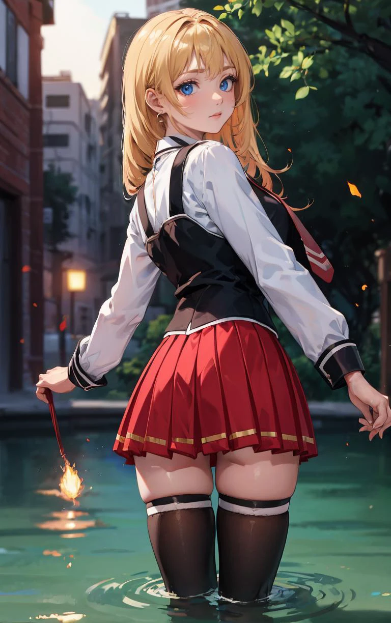 ((masterpiece, best quality)), insaneres, absurdres, solo, outdoors,
CLOTHING_BibleBlack_SchoolDress_ownwaifu,
1girl, blonde hair, long hair, blue eyes,
black vest, red skirt, white shirt, collared shirt, suspenders, school uniform, black thighhighs, zettai ryouiki, necktie, long sleeves, pleated skirt, red necktie,
(wading, looking back), water,<lora:CLOTHING_BibleBlack_SchoolDress_ownwaifu:0.75>,
lens flare, depth of field, bokeh, embers, vanishing point, looking at viewer,