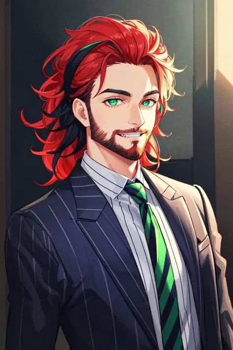Beetlejuice, 1boy, male focus, solo, masculine, facial hair, beard, dirty face, (demonic, semi realistic),holographic eyes, heterochromia, purple eyes, striped jacket,striped shirt, two tone hair, streaked hair, multicolored hair, red hair, green hair, wild hair, evil scene, prison clothes, necktie, teeth, side lighting, ray tracing, depth of field, solo, extreme light and shadow, masterpiece, post apocalyptic, rich in detail,(detailed eyes), (handsome) detailed, (dirt splotches), (horror theme), (beetlejuice), detailed eyes,(straight-on),(masterpiece), (best quality), (ultra-detailed), (best illustration),(best shadow),rim lighting, beetlejuice, ((Beetlejuice)), crazy grin, crazy expression,