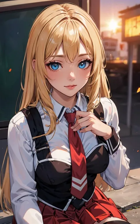 ((masterpiece, best quality)), insaneres, absurdres, solo, outdoors,
CLOTHING_BibleBlack_SchoolDress_ownwaifu, 
1girl, blonde hair,  long hair, blue eyes, 
black vest, red skirt, white shirt, collared shirt, suspenders, school uniform, black thighhighs, zettai ryouiki, necktie, long sleeves, pleated skirt, red necktie, 
(portrait, close-up)<lora:CLOTHING_BibleBlack_SchoolDress_ownwaifu:0.8>,
lens flare, depth of field, bokeh, embers, vanishing point, looking at viewer,