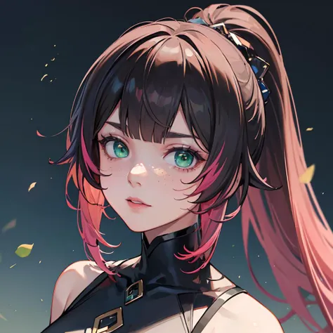 highres, masterpiece, perfect lighting, bloom, cinematic lighting, adult, female, looking at viewer, (RSEEmma:1.5),<lora:RSERomantic_RSESofiko_RSEEmma-v1:0.3>, side-swept bangs, black hair, pink IncursioDipDyedHair, messy mid ponytail, green eyes, thick eyebrows, freckles, <lora:DipDyedHair:1>