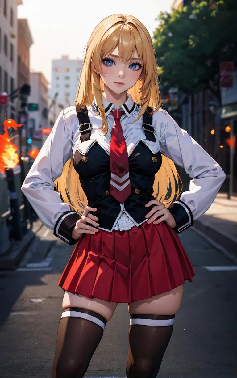 ((masterpiece, best quality)), insaneres, absurdres, solo, outdoors,
CLOTHING_BibleBlack_SchoolDress_ownwaifu,
1girl, blonde hair, long hair, blue eyes,
black vest, red skirt, white shirt, collared shirt, suspenders, school uniform, black thighhighs, zettai ryouiki, necktie, long sleeves, pleated skirt, red necktie,
(contrapposto, hand on hip)<lora:CLOTHING_BibleBlack_SchoolDress_ownwaifu:1>,
lens flare, depth of field, bokeh, embers, vanishing point, looking at viewer,