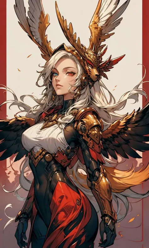 1girl, fox mask, fox ear, Eye Brown and gold bodysuit, long hair, upper body, simple chest armor, cowboy shot, white flowing hair, tails , dynamic pose <lora:Bodysuit v13:0.5> <lora:winged helmet_20231207141242:0.5> winged helmet <lora:arm-mechs-darquelilly-v2:0.45> bladeformmech <lora:Arcana_SD15:0.25> arcana <lora:Painted_poster_V1-000035_1_pp:0.75> Painted poster, <lora:EF-add_detail:0.35>, image border, heterochromia, elegant pose, looking up <lora:EF-GoodHands-beta2:0.5><lora:EF-GoodHands-beta2:0.5>