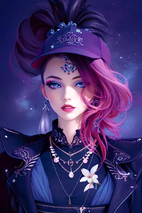 1girl, solo, jewelry, hat, realistic, piercing, earrings, black hair, necklace, baseball cap, blue eyes, ear piercing, ponytail, tattoo, makeup, traditional media, lips