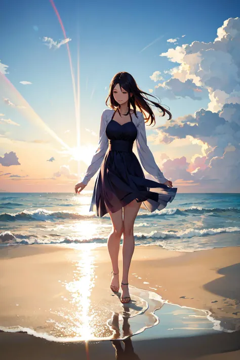 woman enjoying a stroll the beach. age 35. sunlight reflecting on the ocean. volumetric light. reflection, refraction.