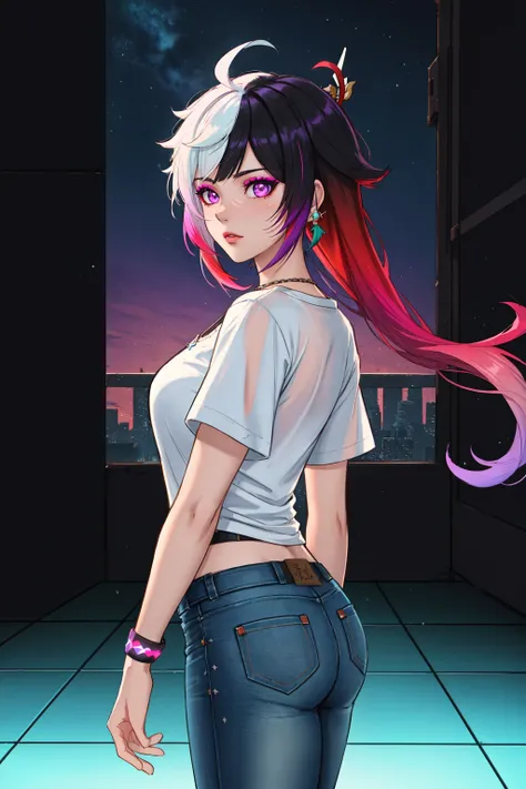 (highres:1.1), best quality, (masterpiece:1.3), beautiful lighting, intricate, (high detail:1.2), 1boy, solo, transgender male, two tone hair, multicolored hair, white hair, pink hair, red hair, green hair, purple eyes, long hair, wearing a black and pink anime tshirt, denim jeans, makeup, wristband, lipstick, jewelry, depth of field, science fiction, cyberpunk, balcony, cityscape, beautiful night sky, (summer:1.2), wind swept hair, (specular highlights : beautiful lighting : volumetric lighting:1.05), fxaa, ((Genshin Impact)), kawaii, anime, shiny skin, NeonLighting NeonLightingScene