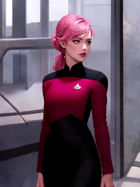 pink hair, pony tail, wearing s3stngunf red uniform,sexy, 1girl, CS-RBW<lora:TNGS3Standalone:0.8>