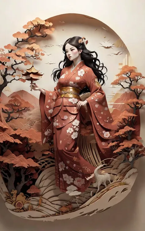 (masterpiece, best quality:1.4), insaneres, absurdres, solo, looking at viewer,BREAK
LoConARTSTYLE_Paper_Kirigami_ownwaifu, art_nouveau, kirigami, fine art,
1girl, solo, flower, tree, long hair, black hair, hair ornament, dress, cherry blossoms, long sleeves, japanese clothes, chinese clothes, full body, wide sleeves, (moon), cloud, waterfall, east asian architecture,
<lora:LoConARTSTYLE_Paper_Kirigami_ownwaifu:0.95>
,