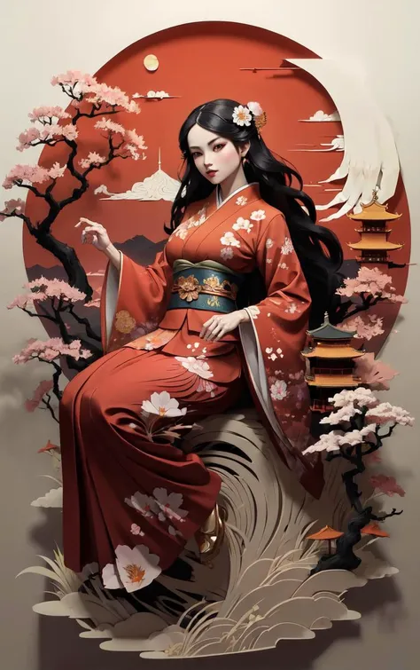 (masterpiece, best quality:1.4), insaneres, absurdres, solo, looking at viewer,BREAK
LoConARTSTYLE_Paper_Kirigami_ownwaifu, art_nouveau, kirigami, fine art,
1girl, solo, flower, tree, long hair, black hair, hair ornament, dress, cherry blossoms, long sleeves, japanese clothes, chinese clothes, full body, wide sleeves, (moon), cloud, waterfall, east asian architecture,
<lora:LoConARTSTYLE_Paper_Kirigami_ownwaifu:0.65>
,
