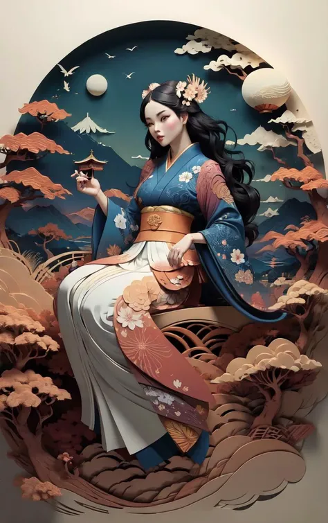 (masterpiece, best quality:1.4), insaneres, absurdres, solo, looking at viewer,BREAK
LoConARTSTYLE_Paper_Kirigami_ownwaifu, art_nouveau, kirigami, fine art,
1girl, solo, flower, tree, long hair, black hair, hair ornament, dress, cherry blossoms, long sleeves, japanese clothes, chinese clothes, full body, wide sleeves, (moon), cloud, waterfall, east asian architecture,
<lora:LoConARTSTYLE_Paper_Kirigami_ownwaifu:0.9>
,