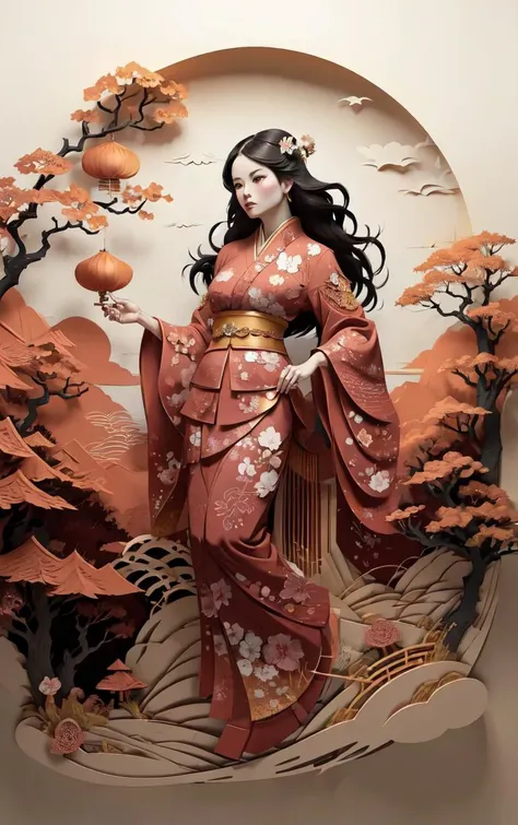 (masterpiece, best quality:1.4), insaneres, absurdres, solo, looking at viewer,BREAK 
LoConARTSTYLE_Paper_Kirigami_ownwaifu, art_nouveau, kirigami, fine art, 
1girl, solo, flower, tree, long hair, black hair, hair ornament, dress, cherry blossoms,  long sleeves, japanese clothes, chinese clothes, full body, wide sleeves, (moon), cloud, waterfall, east asian architecture, 
<lora:LoConARTSTYLE_Paper_Kirigami_ownwaifu:0.95> 
,
