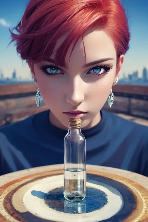 Anime style, art by artgerm, ranma 1/2, manga, (masterpiece, best quality, ultra-detailed, highres), perfect face, sidelighting, lustrous skin,(bloom), (shine), lighting, ray tracing, sci-fi, city, outdoor,1girl, solo, jewelry, earrings, blue eyes, looking at viewer, bangs, red hair, ponytail, pants, long hair, pink hair, long sleeves, jacket, depth_of_field,very detailed background, highly detailed background, Masterpiece, Ultra detailed, great composition,Dynamic angle,[Bottle bottom],(wide shot), extremely delicate and beautiful,(Highest picture quality), (Master's work) <lora:gargantuaInkpunLORA_inkpunv1:.2>