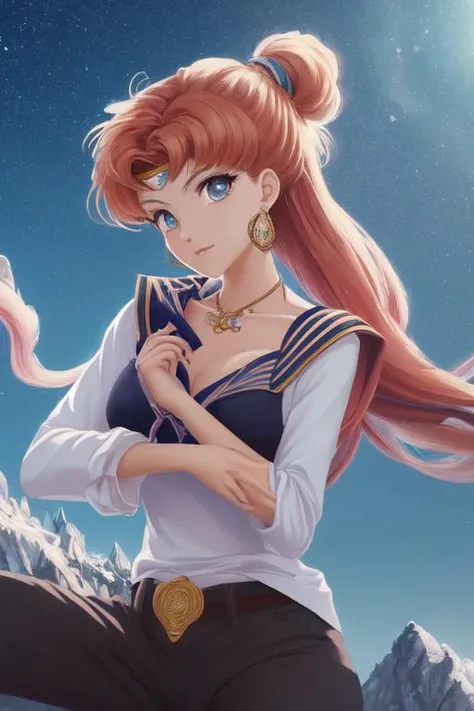 Anime style, art by artgerm, sailor moon style, manga, (masterpiece, best quality, ultra-detailed, highres), perfect face, sidelighting, lustrous skin,(bloom), (shine), lighting, ray tracing, sci-fi, city, outdoor,1girl, solo, jewelry, earrings, blue eyes, looking at viewer, bangs, red hair, ponytail, pants, long hair, pink hair, long sleeves, jacket, depth_of_field,very detailed background, highly detailed background, Masterpiece, Ultra detailed, great composition,Dynamic angle,[Bottle bottom],(wide shot), extremely delicate and beautiful,(Highest picture quality), (Master's work)