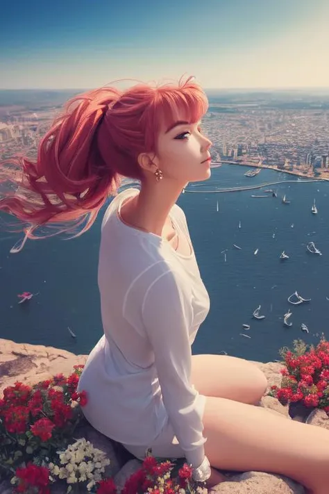 Anime style, art by artgerm, sailor moon style, manga, (masterpiece, best quality, ultra-detailed, highres), perfect face, sidelighting, lustrous skin,(bloom), (shine), lighting, ray tracing, sci-fi, city, outdoor,1girl, solo, jewelry, earrings, blue eyes, looking at viewer, bangs, red hair, ponytail, pants, long hair, pink hair, long sleeves, jacket, depth_of_field,very detailed background, highly detailed background, Masterpiece, Ultra detailed, great composition,Dynamic angle,[Bottle bottom],(wide shot), extremely delicate and beautiful,(Highest picture quality), (Master's work)