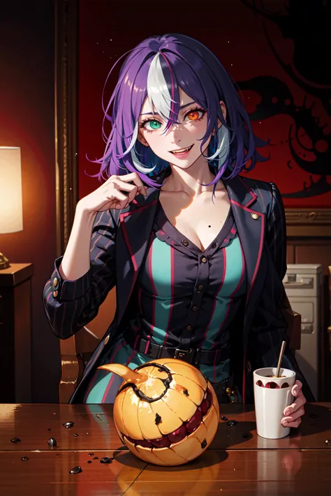 Beetlejuice, official art, 1 girl, solo, large breasts, (poltergeist, fantasy scene, demon), (demonic, semi realistic, demonic, shiny skin, textured skin),holographic eyes, heterochromia, purple eyes, striped jacket,striped shirt, two tone hair, streaked hair, multicolored hair,  red hair, green hair, wild hair, evil scene,teeth, side lighting,  ray tracing, depth of field, solo, extreme light and shadow, masterpiece, post apocalyptic, sexy, beautiful , scary, rich in detail,(detailed eyes), (handsome) detailed, (dirt splotches), (horror theme), (beetlejuice), detailed eyes,(straight-on),(masterpiece), (best quality), (ultra-detailed), (best illustration),(best shadow),rim lighting, beetlejuice, ((Beetlejuice)), crazy grin, crazy expression,