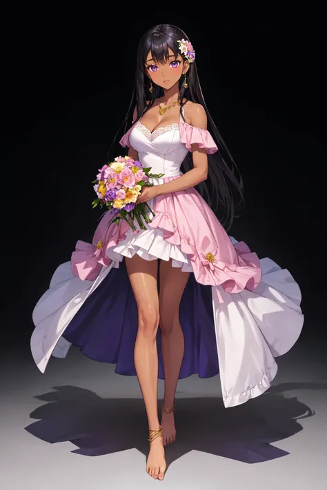 1girl, solo, long hair, looking at viewer, simple background, black hair, dress, holding, cleavage, bare shoulders, jewelry, very long hair, purple eyes, full body, flower, earrings, barefoot, dark skin, dark-skinned female, pink dress, bouquet, four point perspective, masterpiece, official art,