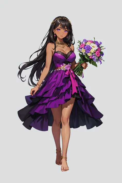 1girl, solo, long hair, looking at viewer, simple background, black hair, dress, holding, cleavage, bare shoulders, jewelry, very long hair, purple eyes, full body, flower, earrings, barefoot, dark skin, dark-skinned female, pink dress, bouquet, four point perspective, masterpiece, official art,