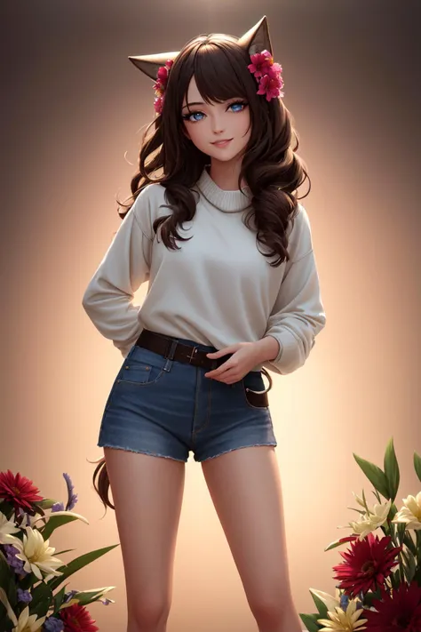 (masterpiece, best quality, ultra-detailed, highres), perfect face, sidelighting, lustrous skin,(bloom), (shine), lighting, ray tracing, sci-fi, solo,1girl, solo, brown hair, shorts, sweater, brown eyes, long hair, animal ears, flower, hair flower, gradient background, belt, hair ornament, gradient, smile, blush, shadow, curly hair, cowboy shot, long sleeves, yellow sweater, denim, yellow flower, standing, green shorts, depth_of_field,very detailed background, highly detailed background, Masterpiece, Ultra detailed, great composition,Dynamic angle,[Bottle bottom],(wide shot), extremely delicate and beautiful,(Highest picture quality), (Master's work),   depth of field, solo, extreme light and shadow, masterpiece, rich in detail, (fine features), (highest quality), (masterpiece), (detailed eyes), (beautiful) detailed,beautiful detailed eyes,(straight-on), full body, cyberpunk:1, flower petals falling, (extremely detailed octane render 8k wallpaper),(masterpiece), (best quality), (ultra-detailed), (best illustration),(best shadow),perfect lighting ,vivid colors, <lora:Jem_and_The_holograms:.2> <lora:Tarot Card Style-000005:.2>