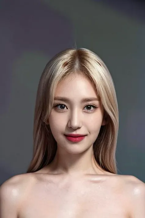 (masterpiece, top quality, best quality, (close-up photograph: 2), ((1girl)), fair skin, (((closed lips))), small eyes, (extremely detailed face), looking straight, ultra-detailed eyes and pupils, ((bare pectorals)), ((bare chest)), bare head, nude dress, (((bare shoulders))), symmetrical frame, ((strapless)), (((smile))), ((symmetrical pose)), looking at viewer, (((looking at viewer))), (symmetrical face: 1.6), 35mm, simple grey background, ((studio lighting)), no watermark, ((long blonde hair)), <lora:somilorashy:1>