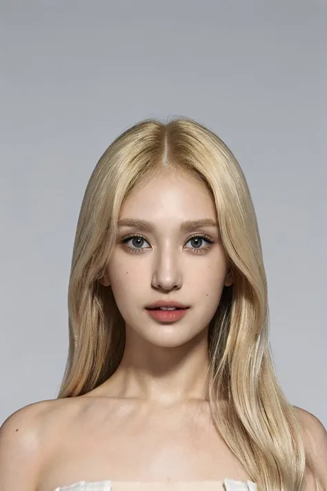 (masterpiece, top quality, best quality, (close-up photograph: 2), ((1girl)),(((big face))), (((white skin))), (extremely detailed face), looking at viewer, ((((ultra-detailed eyes and pupils)))), ((ultra-detailed upper teeth)), ((bare pectorals)), ((bare chest)), ((tube dress)), bare head, ((bare shoulders)), symmetrical frame, (((strapless))), (smile), ((symmetrical pose)), (symmetrical face: 1.6), 35mm, (minimal plain white background), ((no lighting)), (((wavy blonde hair))), no watermark, <lora:somilorashy:1>