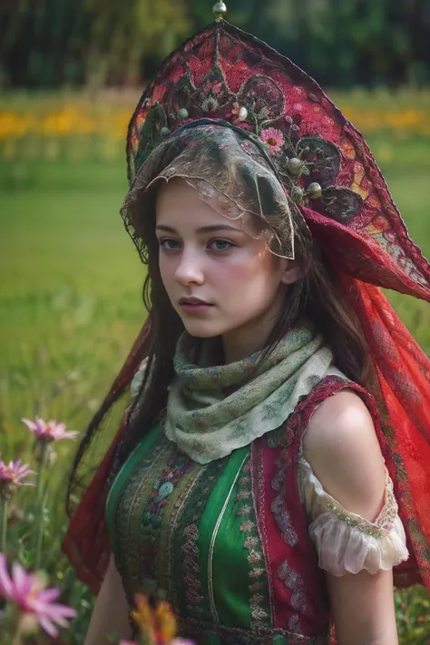 (girl dancing:1.3) on grass field, girl wearing rich highly detailed red and green (long dress:1.1), big crown made from summer flowers, (semitransparent veil:1.2), <lora:sl4v1ccr0wn_multi_2:1> sl4v1ccr0wnwh1t3, sl4v1ccr0wn3y35, sl4v1ccr0wncr33p, sl4v1ccr0wn0th3r, <lora:detail_slider_v4:3>, <lora:depth_of_field_slider_v1:-5> <lora:zoom_slider_v1:-2>, sexy, slim, 15 years young teenage, schoolgirl, child girl, child face, HDR, super realistic, hyper realistic, hyper detailed, highly detailed, masterpiece, high quality, high-definition, extremely detailed, (best quality), highres, ultra detailed, realistic lighting